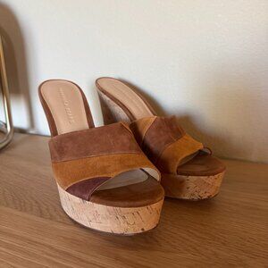 Veronica Beard Dali Patchwork Suede Slip-On Wedge Sandal with Cork Heel